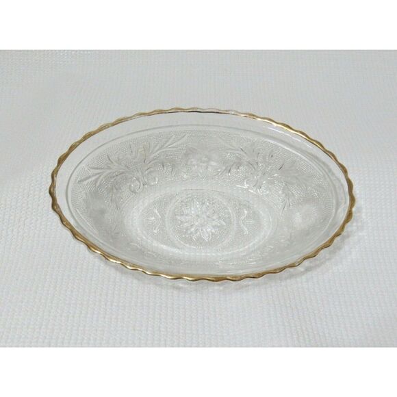 Anchor Hocking Gold Gilded Trim Vintage Oval Sandwich Glass Serving Bowl EAPG - Picture 2 of 10